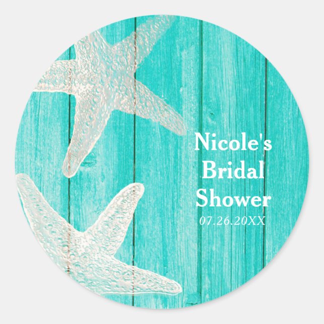 Adesivo Redondo Teal Wood & Starfish Beach Favor Tropical Elegante (Frente)