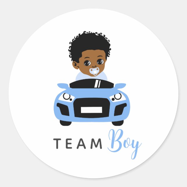 Adesivo Redondo Team Boy Baby in Blue Car Gender Reveal Sticker (Frente)