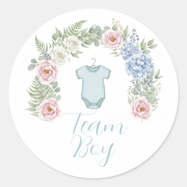Adesivo Redondo Team Boy Botanical Gender Reveal Sticker (Frente)