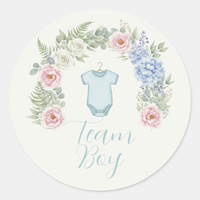 Adesivo Redondo Team Boy Floral Wreath Gender Reveal (Frente)
