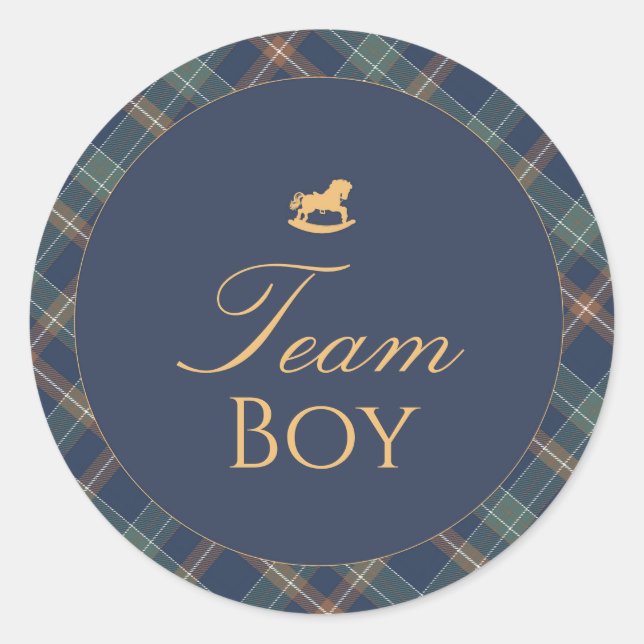 Adesivo Redondo Team Boy Gender Reveal Voting Sticker Navy Plaid (Frente)