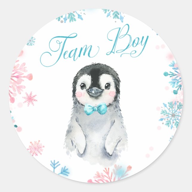 Adesivo Redondo Team Boy Penguin Winter Gender Reveker (Frente)