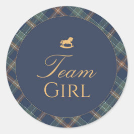 Adesivo Redondo Team Girl Gender Reveal Voting Sticker Navy Plaid