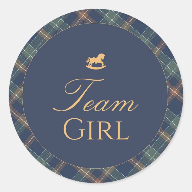 Adesivo Redondo Team Girl Gender Reveal Voting Sticker Navy Plaid (Frente)