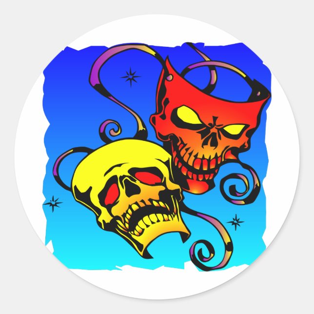 Adesivo Redondo Teatro Caveira Máscara Comédia e Tragédia (Frente)