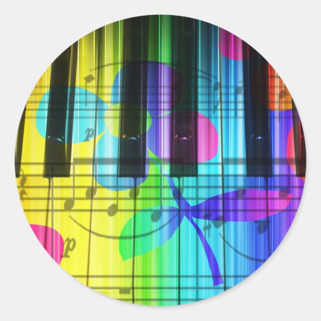 Adesivo Redondo Teclado e Flores para Piano Elétrico Psicodélico (Frente)