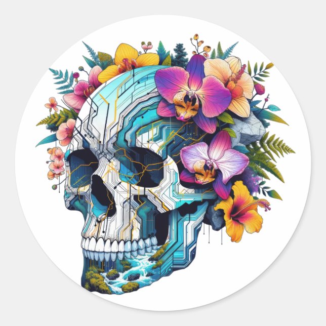 Adesivo Redondo Tecno-Bloom Skull (Frente)