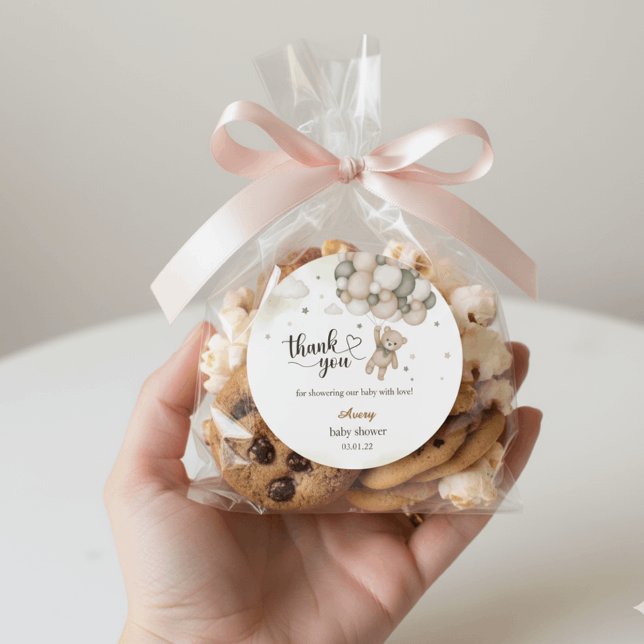 Adesivo Redondo Teddy Bear Balloon Baby Shower Thank You Sticker (Criador carregado)