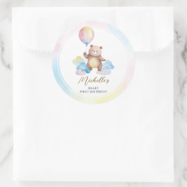 Adesivo Redondo Teddy Bear Balloon Clouds Beary First Birthday
