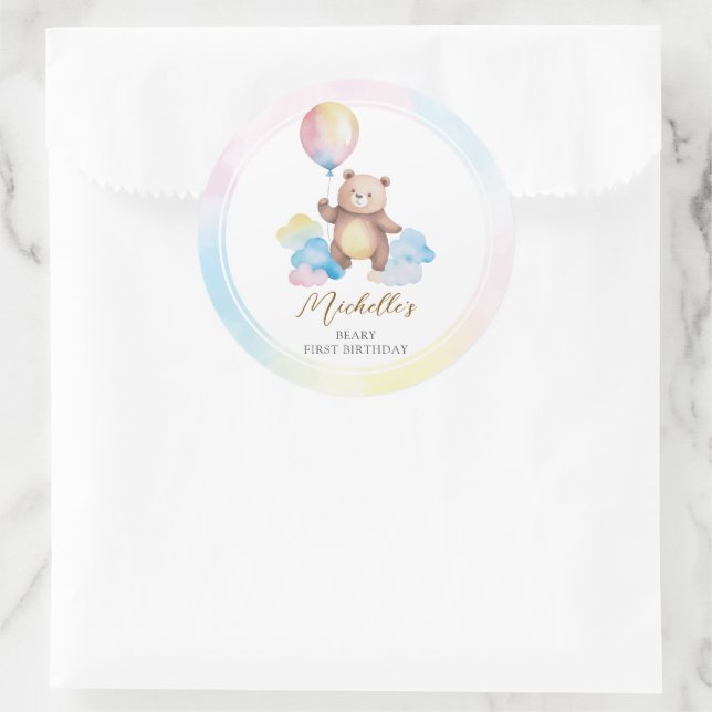 Adesivo Redondo Teddy Bear Balloon Clouds Beary First Birthday (Bolsa)