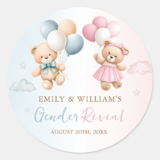 Adesivo Redondo Teddy Bear Balloon Gender Reveal Sticker