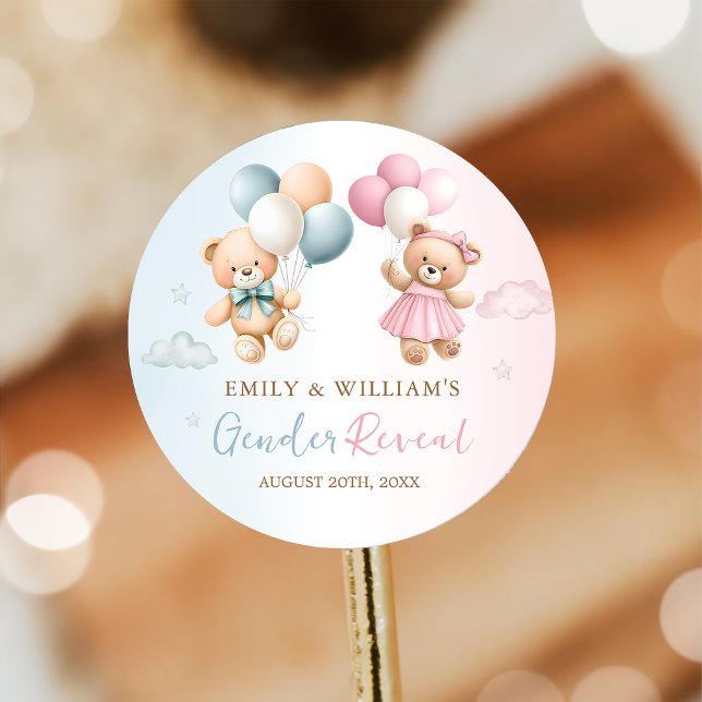 Adesivo Redondo Teddy Bear Balloon Gender Reveal Sticker (Criador carregado)
