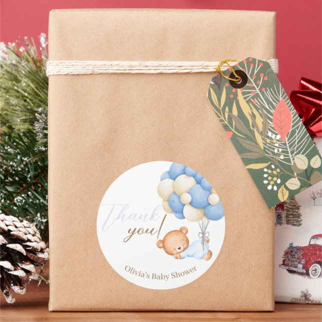 Adesivo Redondo Teddy Bear Balloons Baby Boy Chá Obrigado (Feriado)