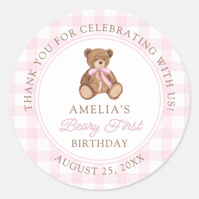 Adesivo Redondo Teddy Bear Beary First 1st Birthday Party (Frente)