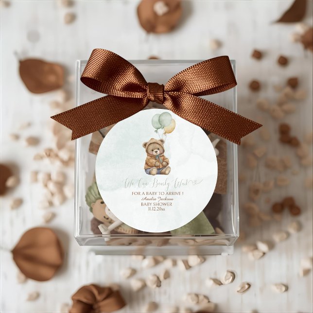 Adesivo Redondo Teddy Bear Brown Sage Green Balloons Baby (Criador carregado)