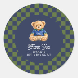 Adesivo Redondo Teddy Bear Checkboard Retro Birthday