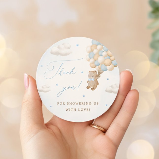 Adesivo Redondo Teddy Bear com Balões Azuis Obrigado (Criador carregado)