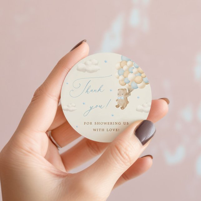 Adesivo Redondo Teddy Bear com Balões Azuis Obrigado (Criador carregado)