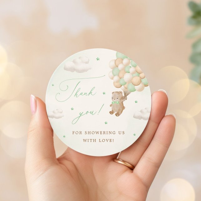 Adesivo Redondo Teddy Bear com Balões Verdes Obrigado (Criador carregado)