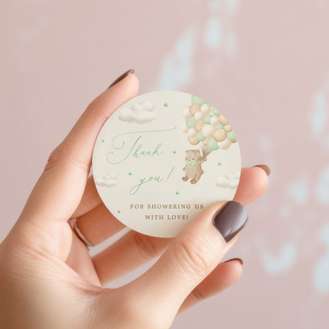 Adesivo Redondo Teddy Bear com Balões Verdes Obrigado (Criador carregado)