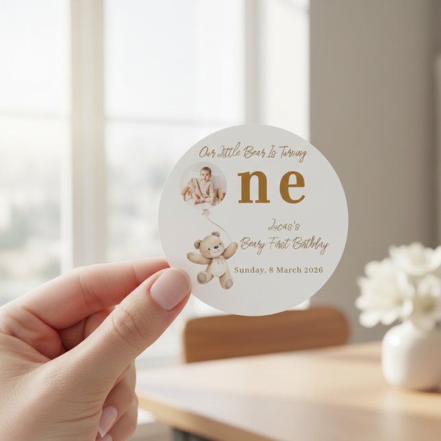 Adesivo Redondo Teddy Bear First Birthday Stickers (Criador carregado)