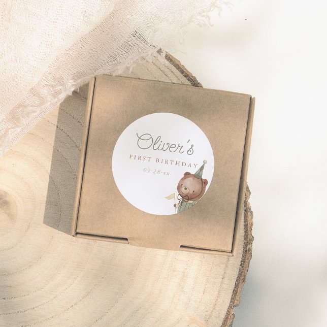 Adesivo Redondo Teddy Bear First Festa de aniversário (Criador carregado)