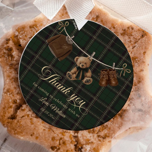 Adesivo Redondo Teddy Bear Green Tartan Baby Shower (Teddy Bear Green Tartan Baby Shower Classic Round Sticker)