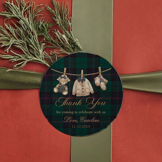 Adesivo Redondo Teddy Bear Green Tartan Baby Shower Sticker (Criador carregado)