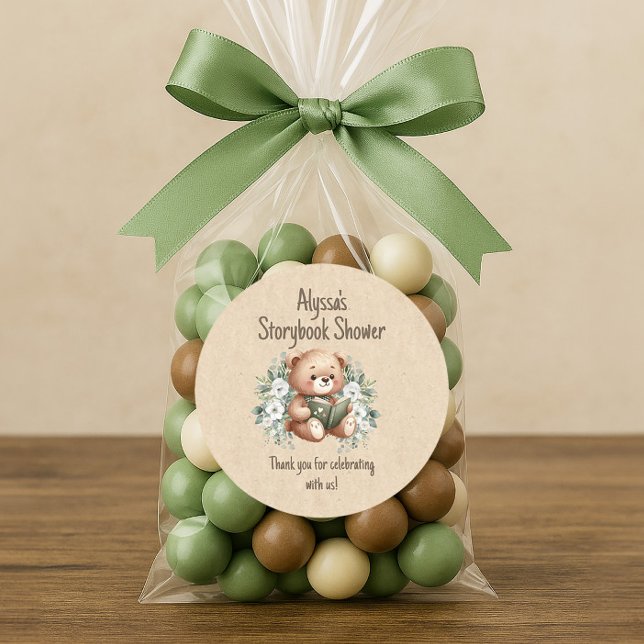 Adesivo Redondo Teddy Bear Guest Favor de Storybook Obrigado (Teddy bear storybook baby shower "Thank you" sticker.
)