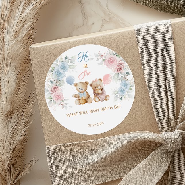 Adesivo Redondo Teddy Bear He or She Gender Reveal Sticker (Criador carregado)