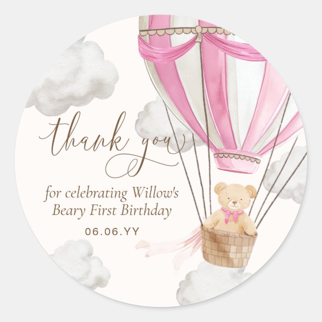 Adesivo Redondo Teddy Bear Obrigado Beary Primeiro Aniversário (Frente)