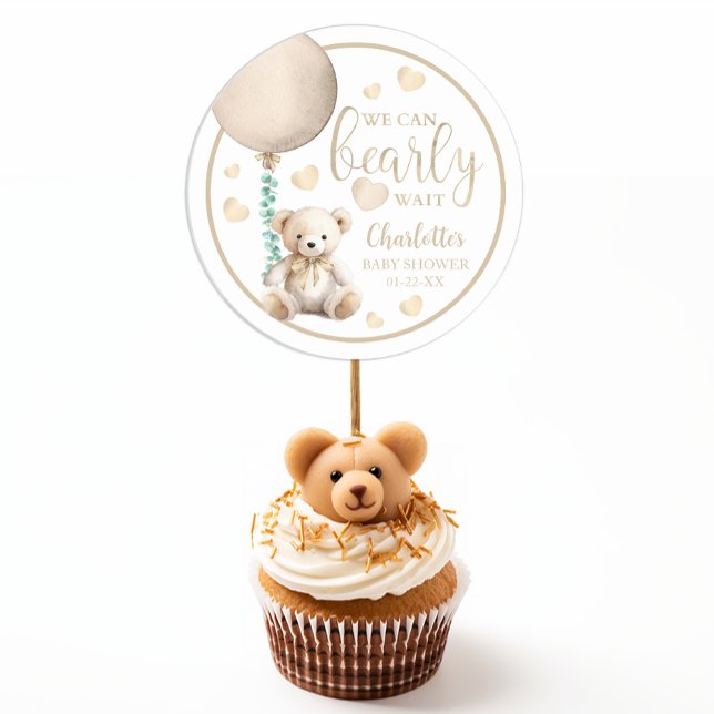 Adesivo Redondo Teddy Bear Podemos Esperar Chá de fraldas Castanho (Baby Shower Favor Stickers)
