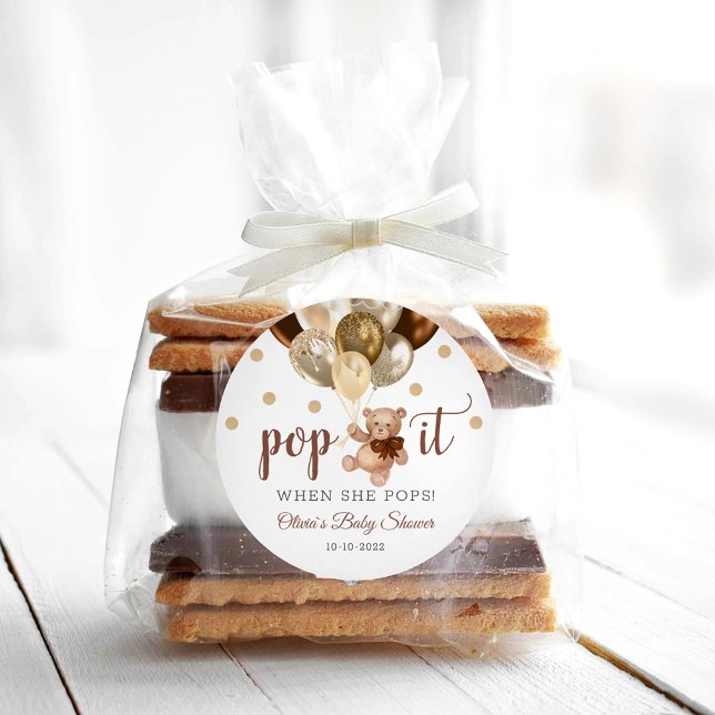 Adesivo Redondo Teddy Bear Pop Quando Ela Pop Chá de fraldas Prese (Criador carregado)