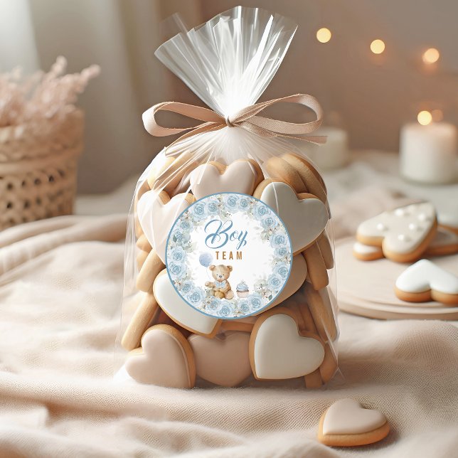 Adesivo Redondo Teddy Bear Team Boy Gender Reveal Sticker (Criador carregado)