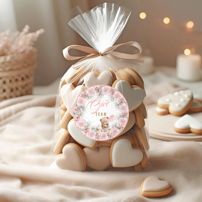 Adesivo Redondo Teddy Bear Team Girl Gender Reveal Sticker (Criador carregado)