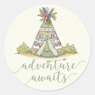 Adesivo Redondo Teepee Adventure inicia o Favor do Sticker