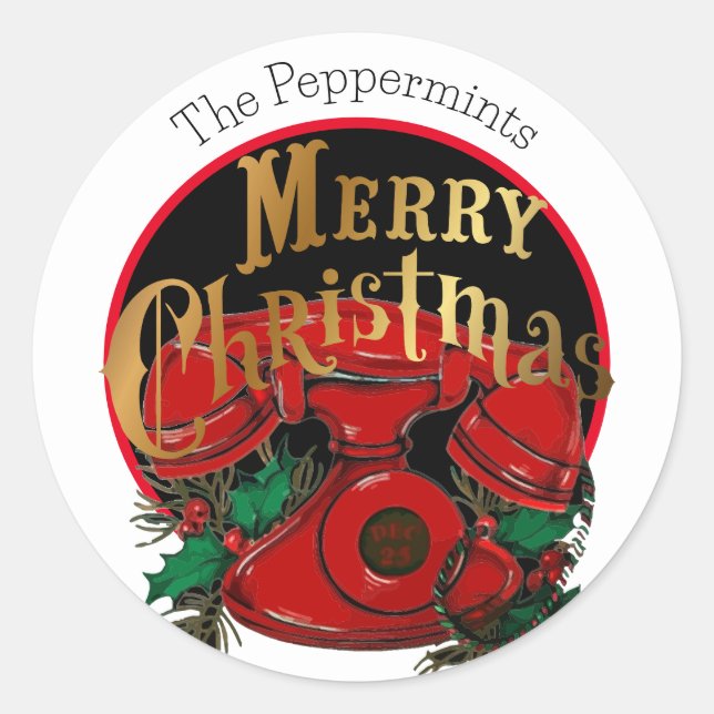 Adesivo Redondo Telefone de Natal Vermelho Antigo Personalizado (Frente)