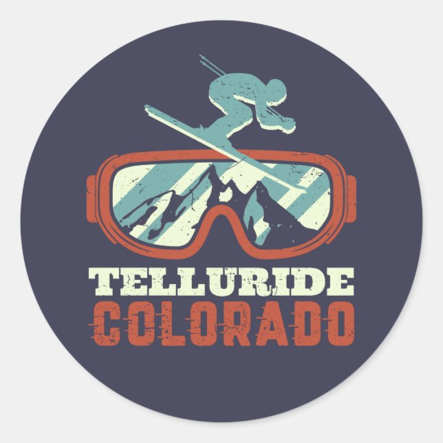 Adesivo Redondo Telluride Colorado Retro Skiing Snowboarding (Frente)