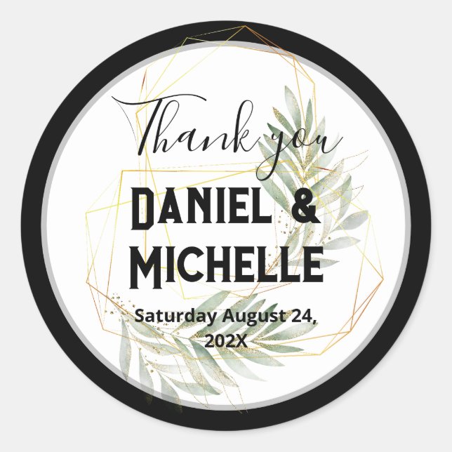 Adesivo Redondo Tema Botânico do Casamento Dourado Preto Arrancado (Frente)