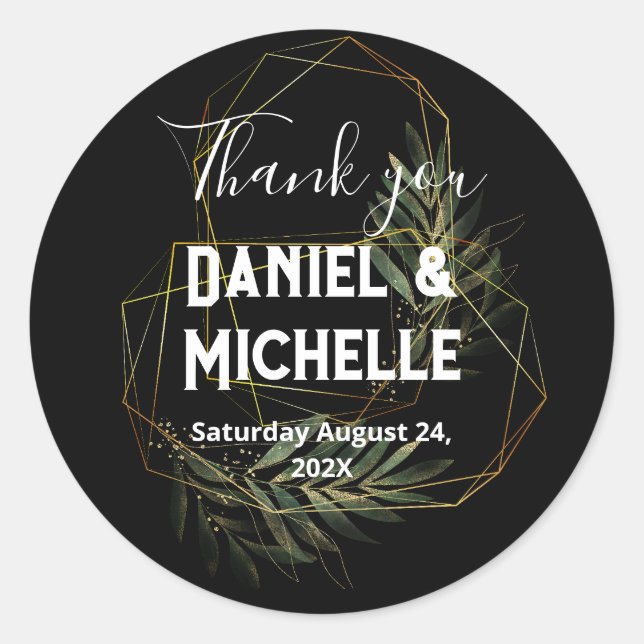 Adesivo Redondo Tema Botânico do Casamento Dourado Preto Arrancado (Frente)
