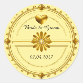 Adesivo Redondo 💗 Tema Coração Dourado de Casamento Romântico ✨