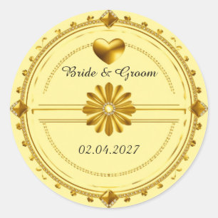 Adesivo Redondo 💗 Tema Coração Dourado de Casamento Romântico ✨