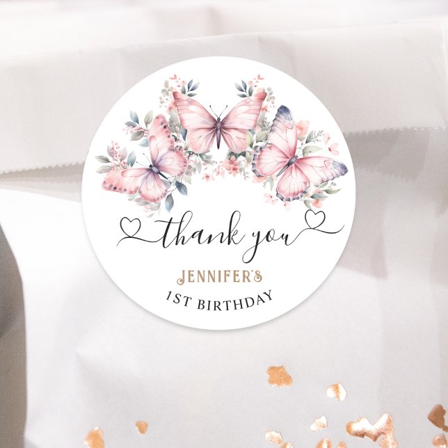 Adesivo Redondo Tema da Borboleta Rosa Favorecer o primeiro aniver (Criador carregado)