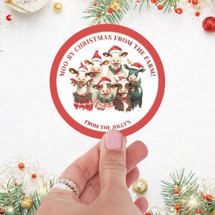 Adesivo Redondo Tema da Fazenda personalizada Vacas festivas Natal