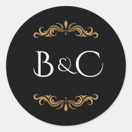 Adesivo Redondo Tema de Casamento Elegante Preto, Dourado e Branco