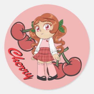 Adesivo Redondo Tema de Cereja Bonita Chibi com Fundo de Cereja