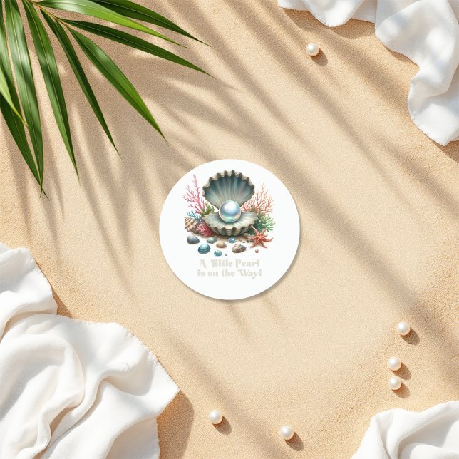 Adesivo Redondo Tema de Conchas e Oceano Chás de Bebê Pequena Péro (Seashell & Ocean Theme Little Pearl Baby Shower Classic Round Sticker)