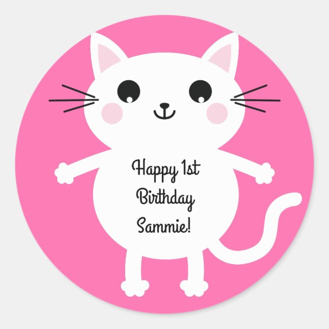 Adesivo Redondo Tema de Festa de aniversário do Gatinho Gato (Frente)