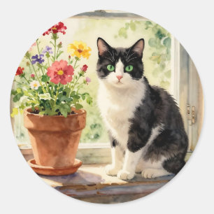 Adesivo Redondo Tema de Gato e Flor