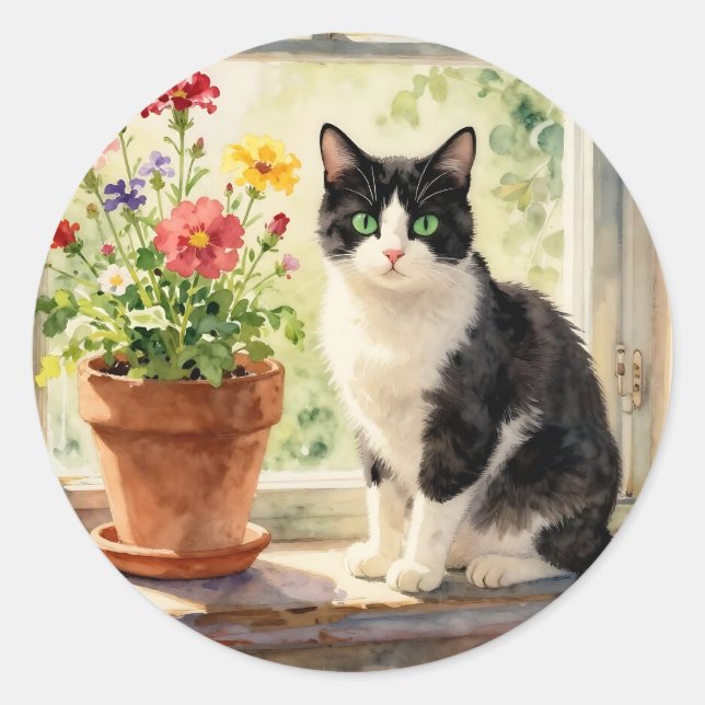 Adesivo Redondo Tema de Gato e Flor (Frente)
